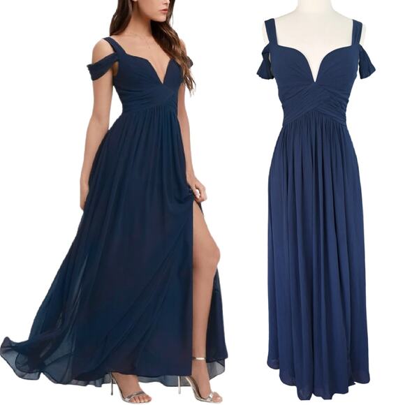 LuLu's Ocean of Elegance Navy Blue Maxi Dress Small Formal Chiffon Plunge Formal - Picture 1 of 14